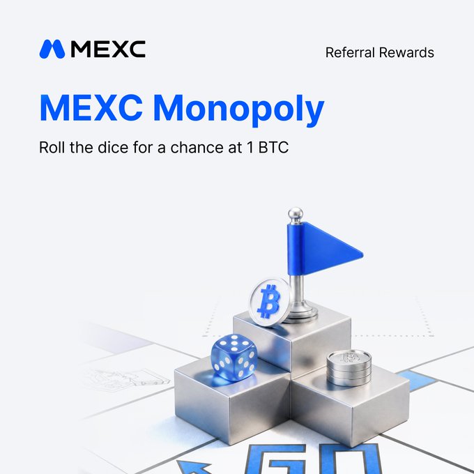 A promotional graphic for the MEXC Monopoly Referral Rewards campaign features 3D rendered dice, a Bitcoin coin, and a blue flag atop silver blocks arranged on a game board, with the MEXC logo and text "MEXC Monopoly - Roll the dice for a chance at 1 BTC" inviting users to complete tasks and roll dice for a chance to win crypto prizes like BTC, ETH, SOL, and USDT.