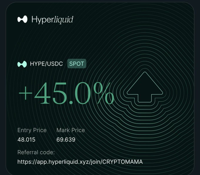 A promotional Hyperliquid graphic showcases a +45.0% gain on the HYPE/USDC spot pair, with an entry price of 48.015 and a mark price of 69.639, alongside a referral link (app.hyperliquid.xyz/join/CRYPTOMAMA). The image visually reinforces the post's excitement about HYPE's bullish surge following Trump's comments about bringing the token to the US market.