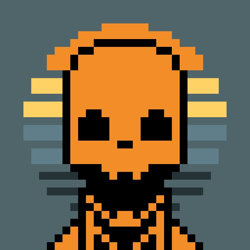 A pixel art illustration of a character resembling Naruto with orange hair, an orange face, and a black outfit against a blue background.