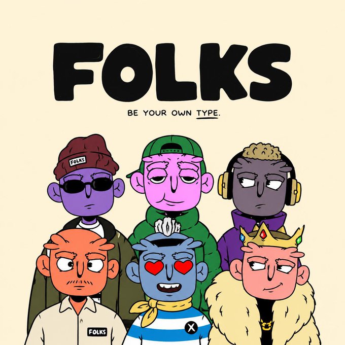 A colorful illustration titled "FOLKS - BE YOUR OWN TYPE" featuring six diverse cartoon characters with different skin colors, hats, and accessories including a beanie, headphones, and a crown.