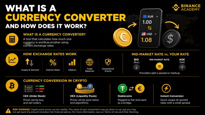 An infographic from Binance Academy titled 'What is a Currency Converter and How Does It Work?' explaining exchange rates and cryptocurrency conversion methods like CEX, DEX, Stablecoins, and Instant Conversion.