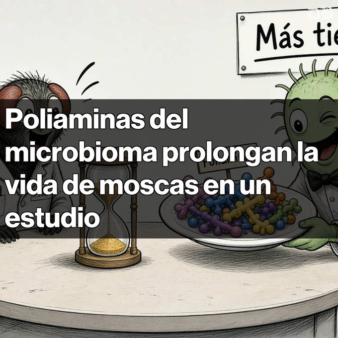 An illustrated graphic shows a cartoon fly next to a plate of germs with Spanish text reading 'Poliaminas del microbioma prolongan la vida de moscas en un estudio', with an hourglass and a sign partially reading 'Más tie'.