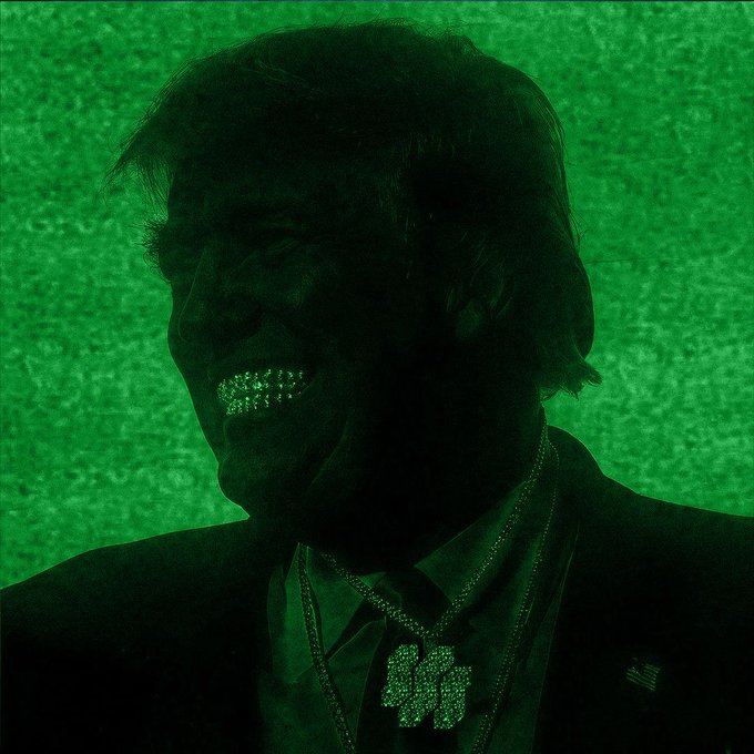 A shadowy silhouette of Donald Trump wearing a dollar-sign necklace and a large "TRUMP" pendant smiles against a textured green background, with the gleaming teeth and pendant highlighted to symbolize wealth and branding—capturing the post's enthusiastic endorsement of "an excellent choice."