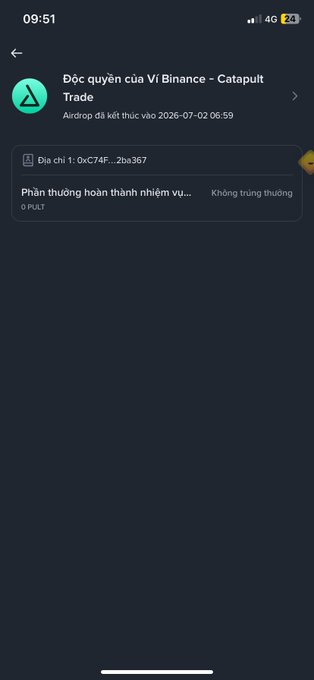 A mobile app screenshot in Vietnamese showing a 'Độc quyền của Vi Binance - Catapult Trade' airdrop task with a deadline of 2026-07-02, displaying 'Không trúng thưởng' (No reward won).