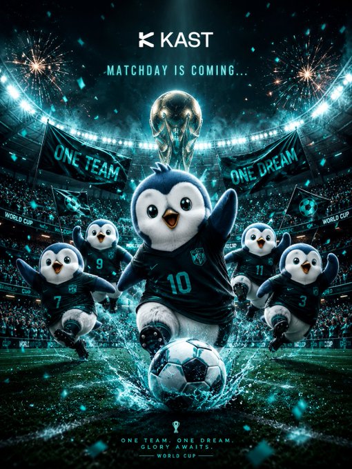 The image features a poster with a group of penguins playing soccer on a field, surrounded by flags. The text "One team, one dream" suggests that the poster could be related to a football prediction event or competition organized by KAST. The idea is to gather community members and predict the outcome of a specific match between two teams, with the winning team receiving exclusive KAST cards as prizes. This would not only engage people in the sport but also create excitement around the upcoming football season.