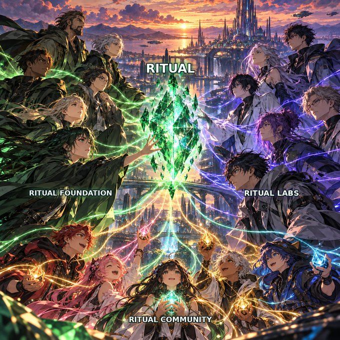 An anime-style illustration depicting multiple characters gathered around a glowing green crystal, with labels 'RITUAL', 'RITUAL FOUNDATION', 'RITUAL LABS', and 'RITUAL COMMUNITY' against a futuristic cityscape at sunset.