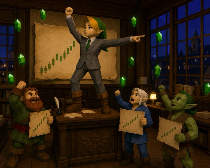 A digital illustration of a Link-like character in a suit standing on a desk excited about a rising stock chart, while three orc/goblin characters hold similar bullish charts, with green gems floating around.