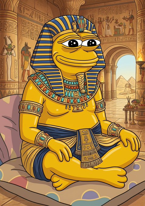 A colorful illustration of a cartoonish pharaoh character wearing traditional Egyptian headdress and jewelry, sitting in an ornately decorated temple with pyramids visible in the background.