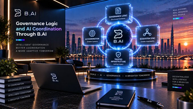 A futuristic city skyline at dusk serves as the backdrop for a B.AI promotional graphic, featuring a central logo surrounded by interconnected cubes labeled 'GOVERNANCE LOGIC', 'AI COORDINATION', 'ECOSYSTEM SYNC', and 'TRUSTED INFRASTRUCTURE', alongside text 'Governance Logic and AI Coordination Through B.AI'.