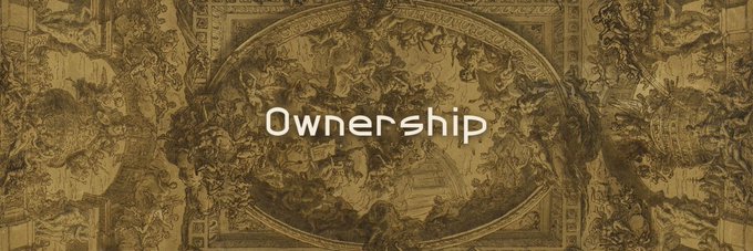 The image shows a banner featuring intricate sepia-toned artwork with the word "Ownership" displayed in the middle, likely set against a Renaissance or Baroque-style decorative background. The banner appears to be associated with a community member's addition for the Robinhood token $WIF on Moby, tying the theme of "ownership" to the token's branding.