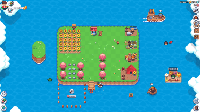 A screenshot of a pixel-art farming simulation game showing a green island with crops, trees, animals, and characters surrounded by blue water.