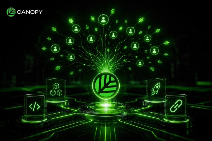 Canopy promotional image showing a glowing green tree-like network with user icons branching out from a central logo, surrounded by tech icons including code, cubes, a rocket, and a link symbol.