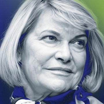 A blue-toned portrait of a woman with shoulder-length gray hair wearing a patterned scarf, gazing thoughtfully off-camera. The image accompanies an article about Republican Senator Cynthia Lummis, who is associated with this legislation on the Clarity Act.