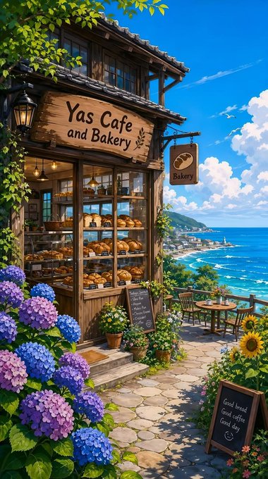 A charming illustration of 'Yas Cafe and Bakery' features a rustic wooden storefront with breads on display, surrounded by purple hydrangeas, sunflowers, and a stunning ocean view in the background.