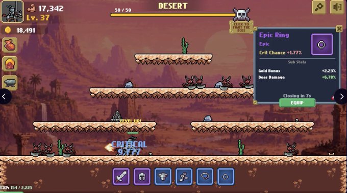 A pixel-art 2D platformer game set in a "DESERT" level at "Lv. 37" with 17,342 score and 18,491 coins, showing a character fighting scorpion-like enemies while an "Epic Ring" item popup displays "Crit Chance +1.77%" stats with a 7-second "EQUIP" timer, exemplifying an AI-assisted indie game created during the VibeBlitz game jam organized by Vibecode_game and animocabrands.
