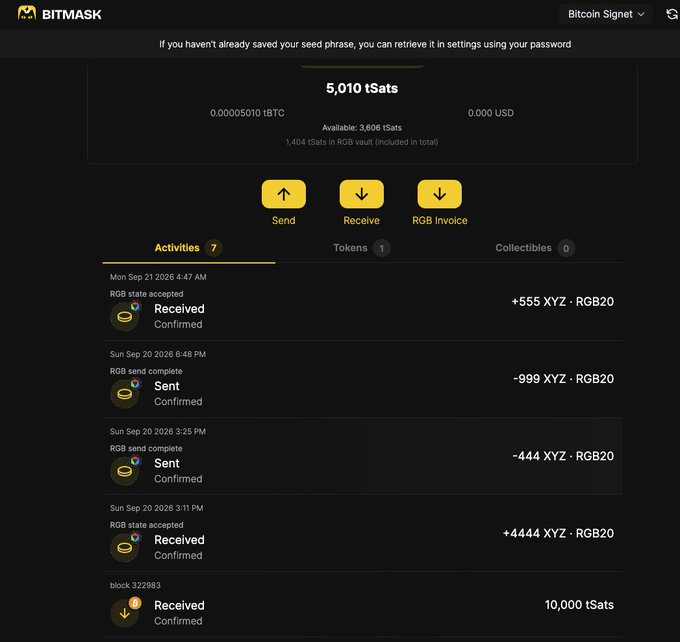 A screenshot of the Bitmask wallet interface showing a balance of 5,010 tSats and a history of RGB20 asset transactions.