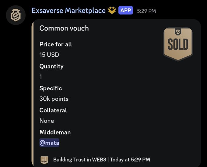 A Discord screenshot from the 'Exsaverse Marketplace' app showing a listing for a 'Common vouch' priced at '15 USD', marked with a 'SOLD' badge, and listing middleman as '@mata'.