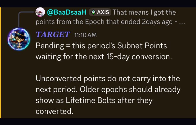 A Discord message from 'TARGET' at 11:10 AM explaining that pending Subnet Points wait 15 days for conversion into Lifetime Bolts.