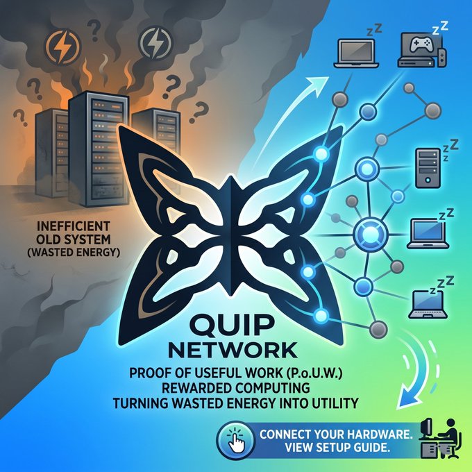 A promotional graphic for QUIP NETWORK advertising 'Proof of Useful Work (P.o.U.W.) Rewarded Computing - Turning Wasted Energy Into Utility,' depicting a butterfly logo contrasting an inefficient burning server rack with a connected network of sleeping devices, with a 'Connect Your Hardware, View Setup Guide' button.