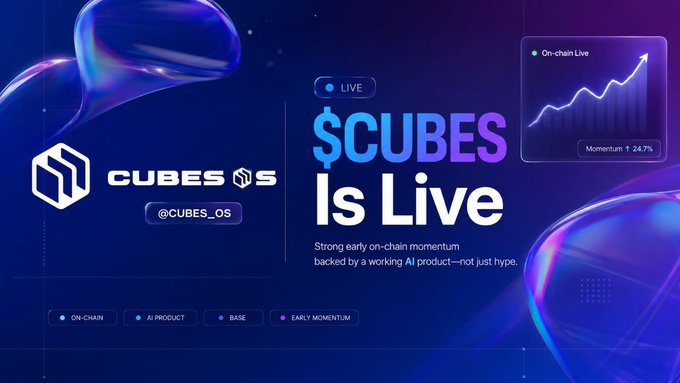 Promotional graphic announcing '$CUBES Is Live' with @CUBES_OS branding, highlighting on-chain live momentum at +24.7% and tags for On-chain, AI product, Base, and Early Momentum.