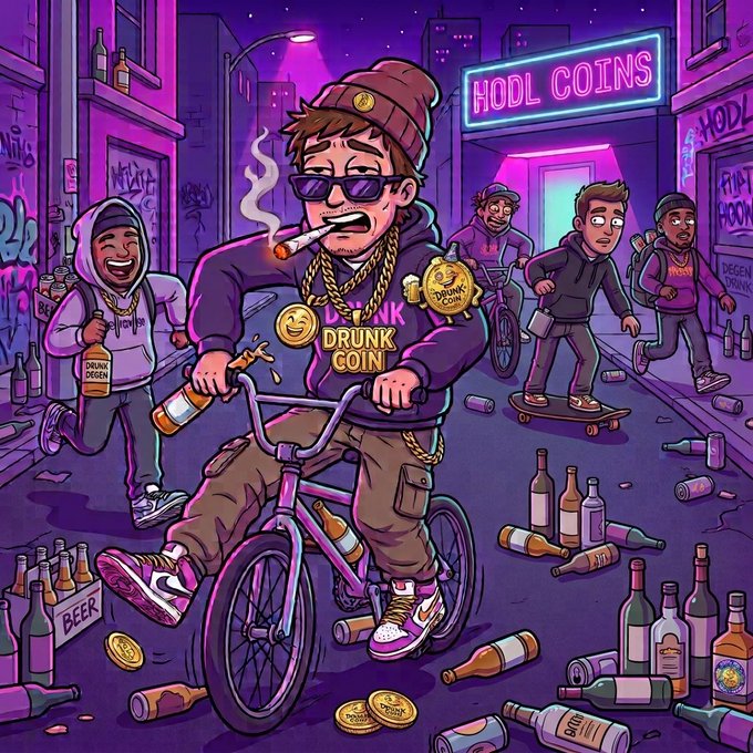 A cartoon-style illustration shows a sunglasses-wearing figure in a "DRUNK COIN" hoodie smoking a cigar and riding a BMX bike down a neon-lit alley, surrounded by friends, scattered liquor bottles, and gold coins beneath a glowing "HODL COINS" sign—capturing the wild, rebellious spirit of the Drunk Coin degen community celebrating together on Solana.
