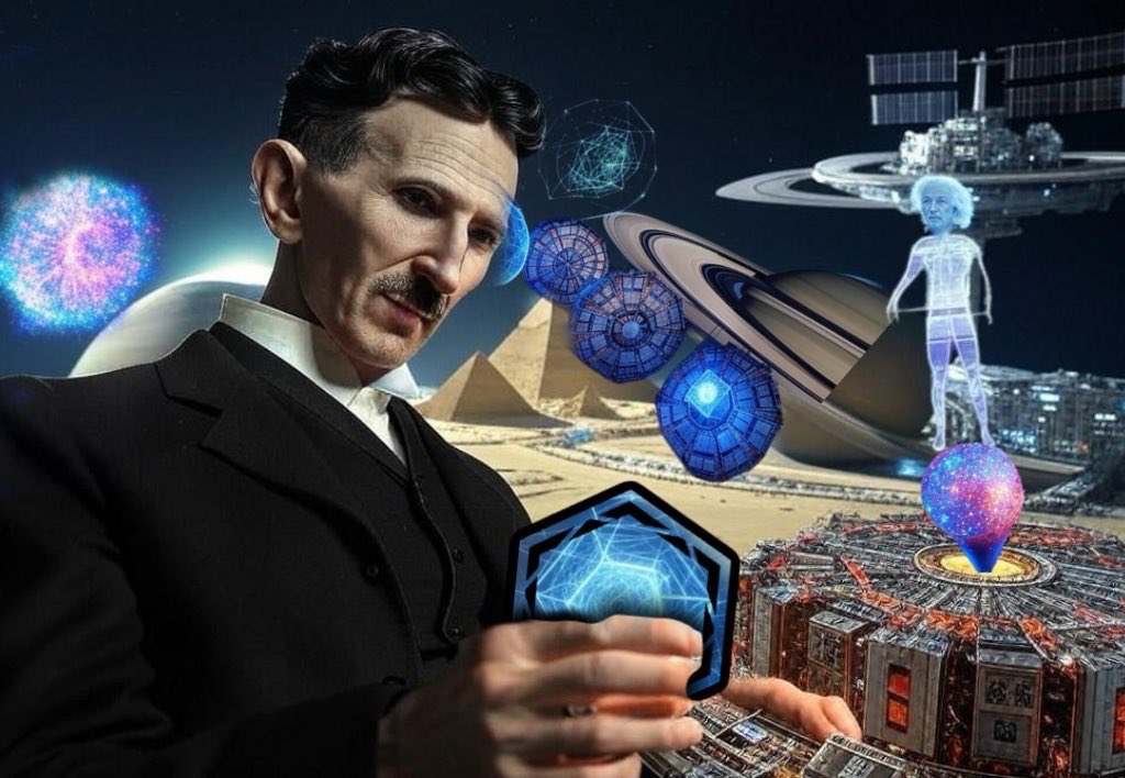 A sci-fi collage featuring Nikola Tesla in a suit holding a glowing blue hexagonal device, surrounded by pyramids, a space station, and various floating technological and cosmic elements.
