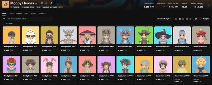 The image features a long list of cartoon characters, including Moobyers! heroes from various backgrounds and appearances. The characters are displayed in a grid format with each row containing multiple instances of the same character. The characters have unique and exclusive avatars that can be accessed through the provided link. The post highlights the release of these characters as a collection on Opensea.io, offering them for sale at just 0.005 ETH (Ethereum tokens).
