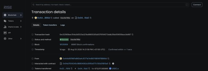A screenshot of a blockchain explorer on 'RISE' showing transaction details for a token swap between 0xA...866d and 0x04...10a5 with a successful status.