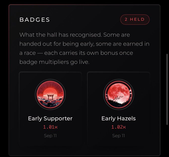 A dark-themed digital interface showing 'BADGES' with a '2 HELD' indicator, featuring two earned badges: 'Early Supporter' with a 1.01x multiplier and 'Early Hazels' with a 1.02x multiplier, both dated Sep 11.