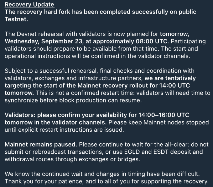 A 'Recovery Update' announcement stating that the recovery hard fork has been completed successfully on public Testnet, with a Devnet rehearsal planned for September 23 and a tentative Mainnet recovery rollout targeting 14:00 UTC tomorrow.