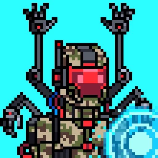 Pixel art depicting a masked figure in a camouflage tactical suit with a red visor, holding two raised pistols, set against a bright blue background with a shield.
