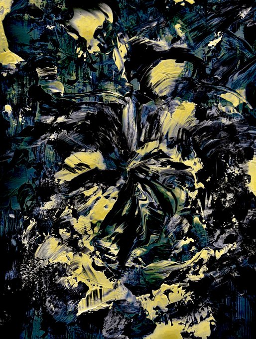 An abstract painting featuring thick, expressive brushstrokes in dark blue, black, yellow, and green tones creating a chaotic, textured composition.