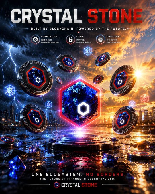 A promotional graphic for 'CRYSTAL STONE' cryptocurrency reads 'BUILT BY BLOCKCHAIN. POWERED BY THE FUTURE.' with tags like 'DECENTRALIZED' and 'SECURE', showing hexagonal blue crystal coins against a stormy cityscape.