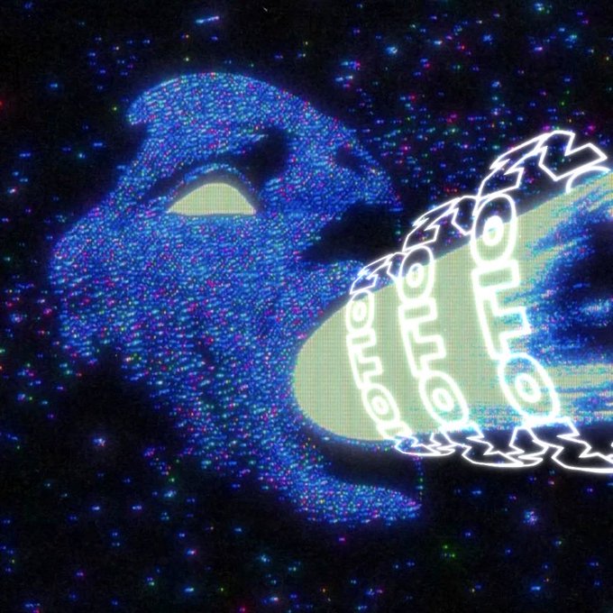 A stylized digital artwork featuring a blue/purple figure with flowing hair composed of colorful dots, with a curved chain-like structure overlaid on the dark, starry background.