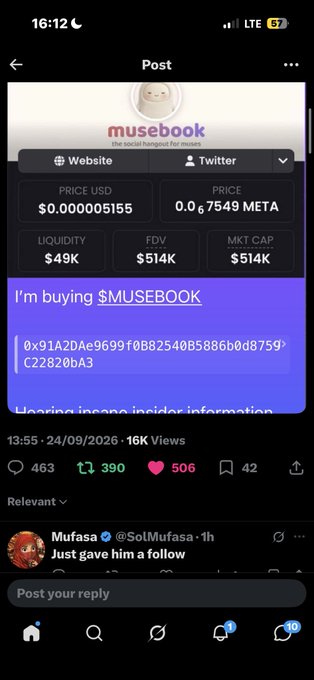 A tweet showing cryptocurrency details for "musebook" with price data and a message stating "I'm buying $MUSEBOOK", posted by Mufasa (@SolMufasa).