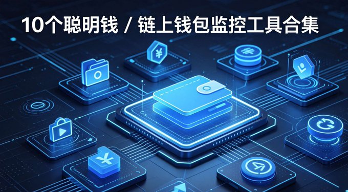 A futuristic blue digital graphic displays Chinese text '10个聪明钱 / 链上钱包监控工具合集' (10 Smart Money / On-chain Wallet Monitoring Tools Collection) above a glowing wallet icon surrounded by various crypto and finance symbols.