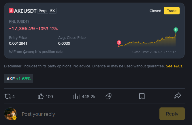 A Binance perpetual trading position screenshot for AKEUSDT showing a closed position with a massive loss of -$17,386.29 (-1053.13%), entry price 0.0012841, close price 0.0039, dated 2025-07-27, shared from @exeq1n.