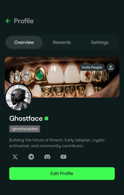 A Snapchat-like profile screenshot displays the user "Ghostface" (@ghostfacekillah) with an Edit Profile button, featuring grills spelling "SEND" and a bio about building fintech. The image fits the post's call to showcase a Send profile for a chance to win 1,000 $SEND tokens.