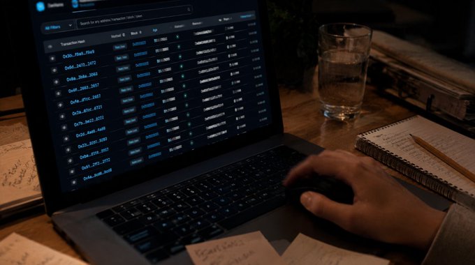 A person's hand uses a laptop displaying lines of spreadsheet data in dim lighting, with a glass of water, a spiral notebook, and pencils scattered on the wooden desk.