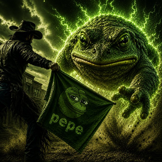 A gunslinger in a dusty Western town unfurls a green "pepe" flag while a giant, glowing Pepe the Frog emerges from a storm of green lightning behind him, channeling the post's playful "waiting for your upload" energy into a dramatic meme-themed showdown.