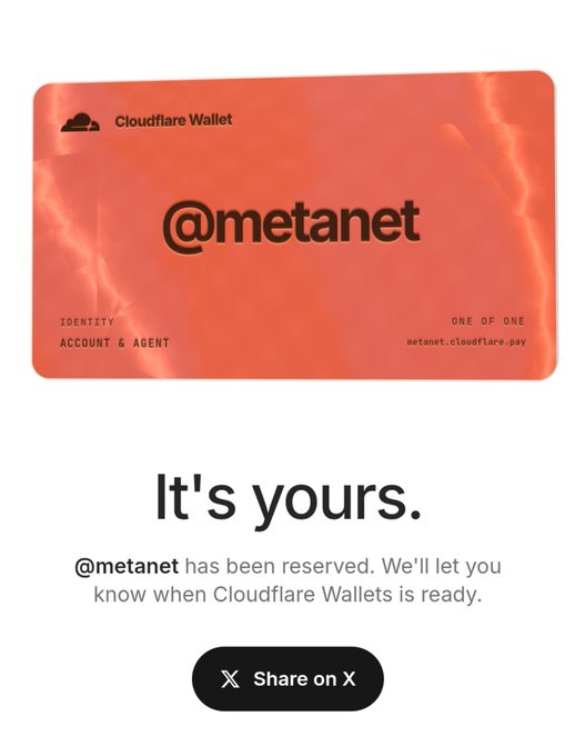 A Cloudflare Wallet reservation confirmation showing the handle '@metanet' has been reserved, with the tagline 'It's yours.'