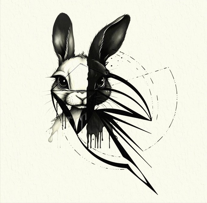 A black-and-white ink illustration depicts a rabbit/hare with one normal eye and one dark side, accompanied by geometric shapes and paint-drip effects.