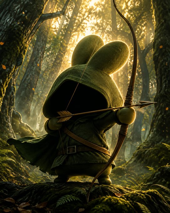 A small, hooded archer stands ready in a misty forest, drawing back a bow with intense focus. The figure evokes the legendary Robin Hood, fitting the post's reference to "Public enemy #1 in Nottingham" and "folk hero everywhere else."