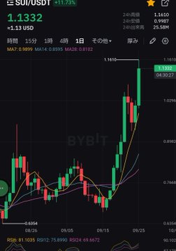 A candlestick trading chart on Bybit showing the SUI/USDT pair with a current price of 1.1332 (+11.73%), displaying moving averages MA7, MA14, MA30 with 24-hour high/low values and volume metrics.