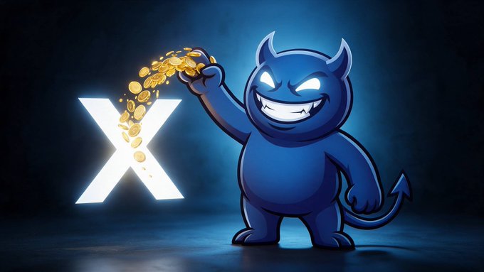A cartoonish blue devil character with a wide grin pours a stream of gold coins from its hand in front of a glowing white letter 'X'.