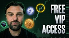 A YouTube thumbnail featuring a bearded man alongside cryptocurrency icons (Tether, Bitcoin, etc.) with the text 'FREE VIP ACCESS' on a dark background.