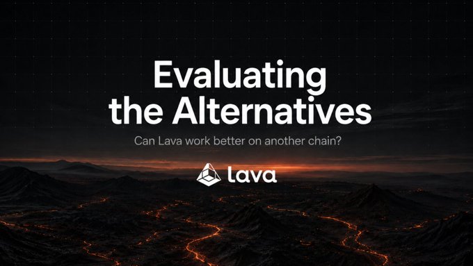 A dark promotional graphic with the headline 'Evaluating the Alternatives' and subtitle 'Can Lava work better on another chain?' featuring the Lava logo over a volcanic landscape.