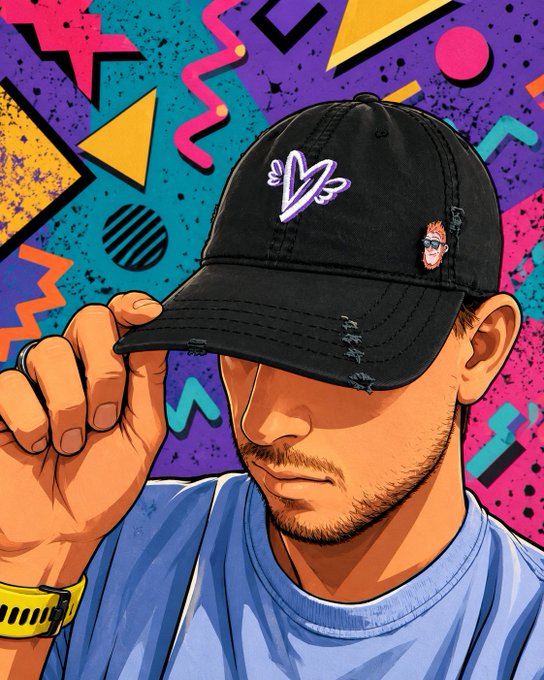 A vibrant pop-art style illustration of a man wearing a black cap with a stylized logo, tipping his hat against a colorful geometric background.