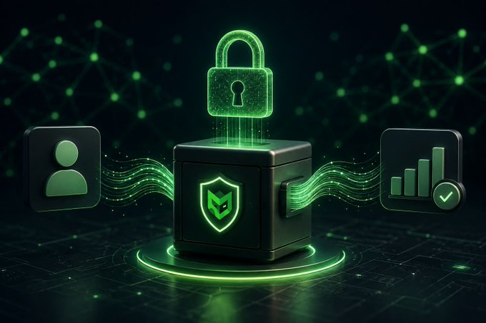 A digital security graphic shows a glowing green padlock emerging from a secure box alongside user profile and analytics icons, symbolizing data protection and encrypted user authentication.