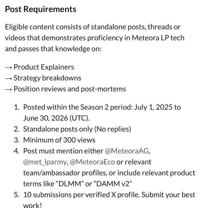 The image outlines the "Post Requirements" for Season 2 of Meteora's Expert Contributors program, detailing eligibility criteria for standalone posts, threads, or videos demonstrating proficiency in Meteora LP tech—such as product explainers, strategy breakdowns, or position reviews/post-mortems. Key rules include posts made between July 1, 2025, and June 30, 2026, a minimum of 300 views, mentions of accounts like @MeteoraAG or product terms like "DLMM" or "DAMM v2," and a limit of 10 submissions per verified X profile, complementing the announcement that 6,000,000 $MET has been allocated to reward contributors' educational work.